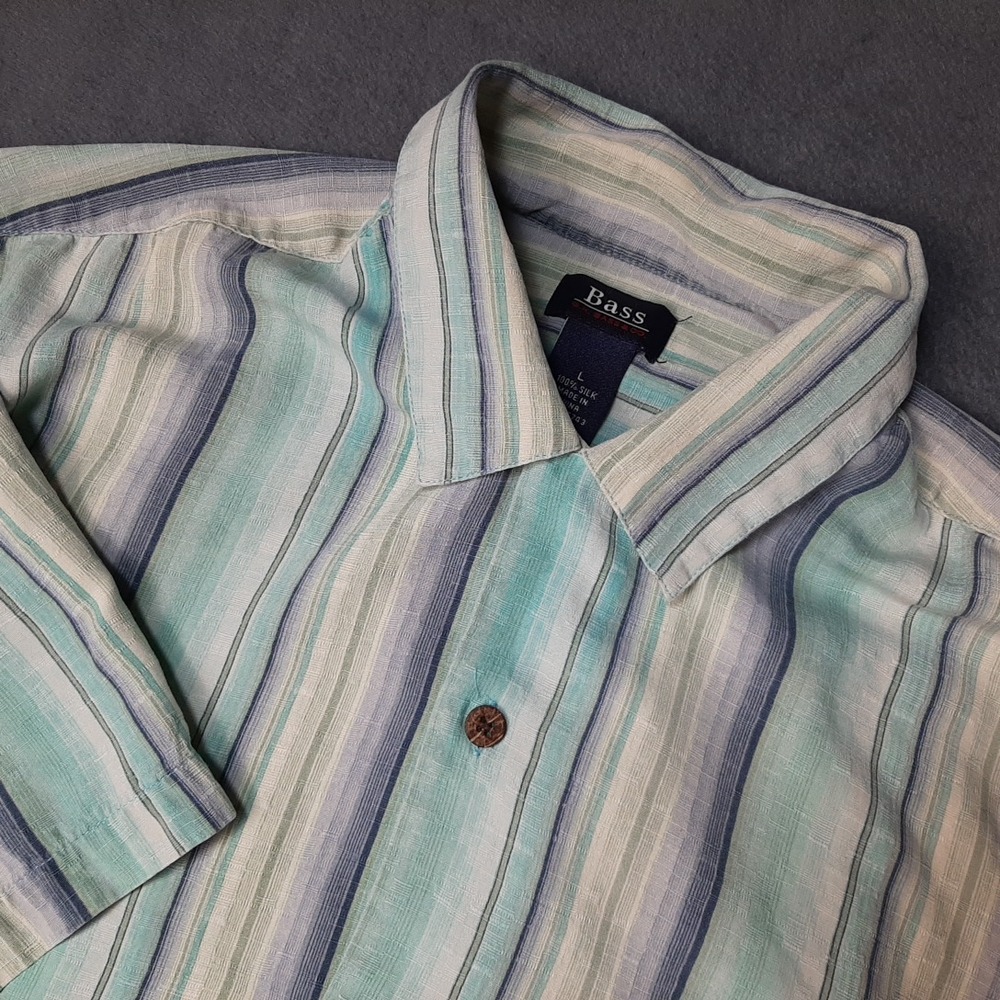 GH Bass Shirt Mens Large Blue 100% SILK Hawaiian Aloha Beach Bowling Stripes